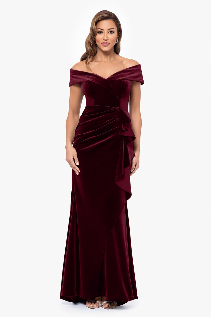 Xscape Women's Off-The-Shoulder Ruffle Velvet Dress - Hunter