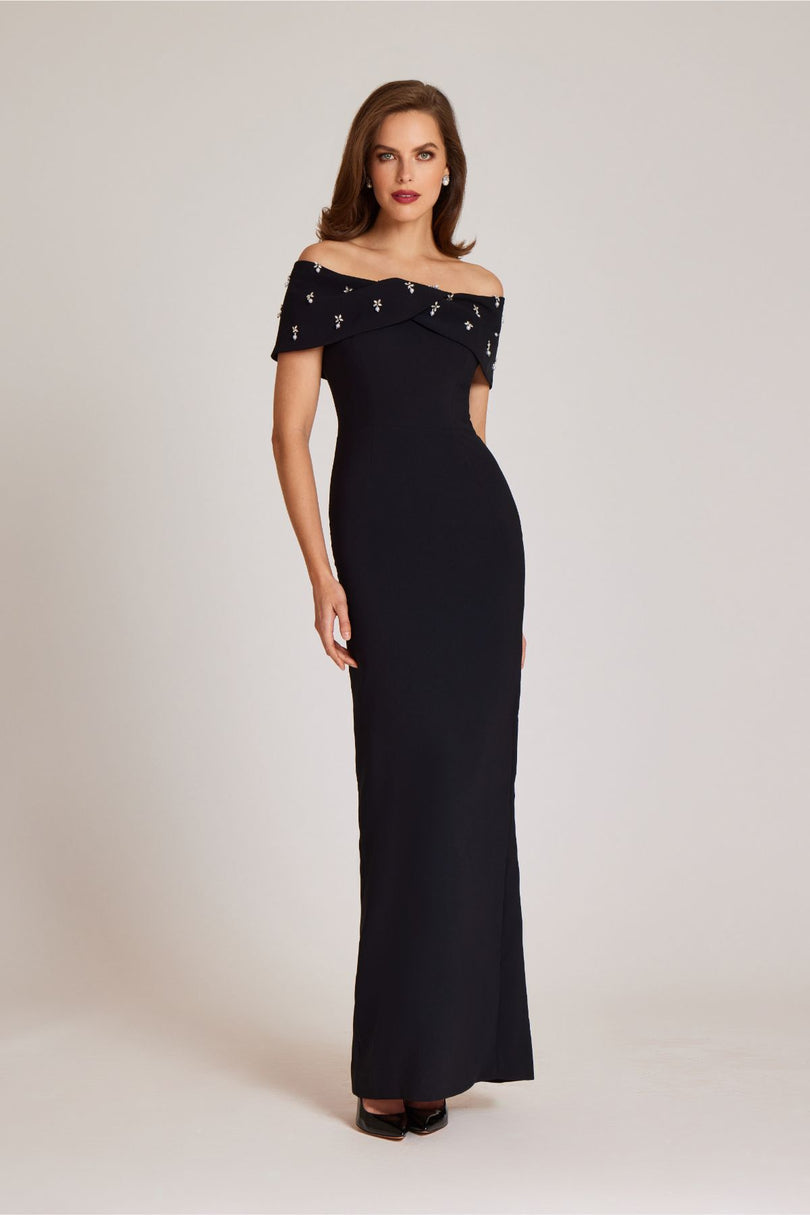 Teri Jon Crepe Off The Shoulder Jewel Trim Portrait Column Gown 239069 Teri Jon Crepe Off The Shoulder Jewel Trim Portrait Column Gown 239069