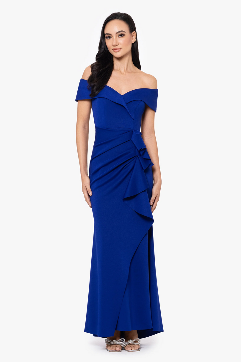 xscape women's long off the shoulder scuba crepe dress Xscape Evenings "Patti" Off the Shoulder Scuba Crepe Dress