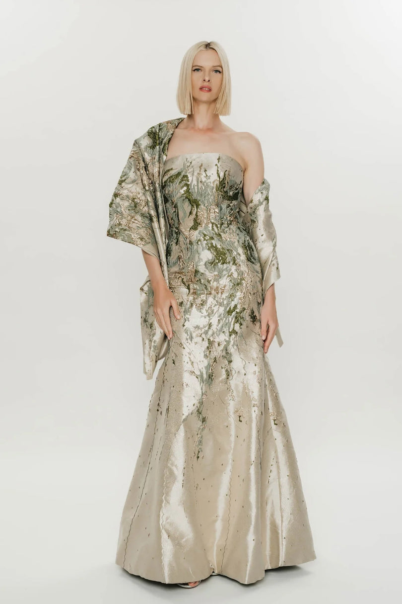 Park 108 Strapless Brocade Gown with Shawl M651