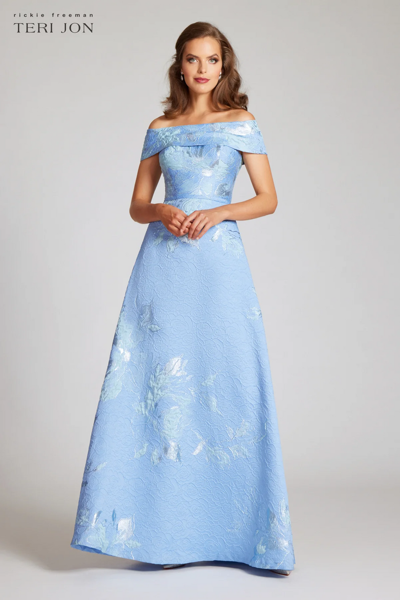 Teri Jon Floral Jacquard Off the Shoulder Gown 217048 Teri Jon Floral Jacquard Off the Shoulder Gown 217048
