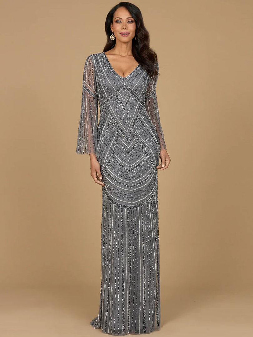 Lara Beaded V-Neck Long Sleeve Evening Gown 28954 9060326441191