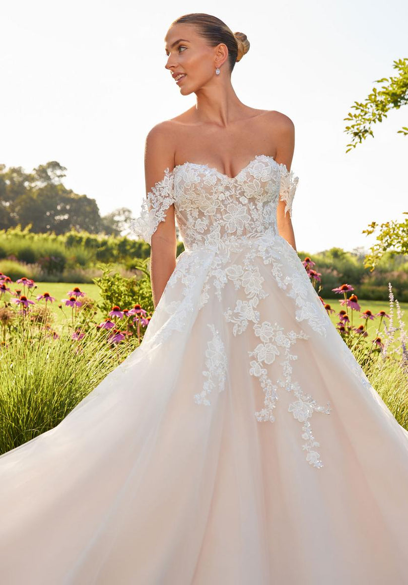 morilee off the shoulder wedding dress Mori Lee 2702 Soraya Lace Off-The-Shoulder Side Slit Wedding Dress