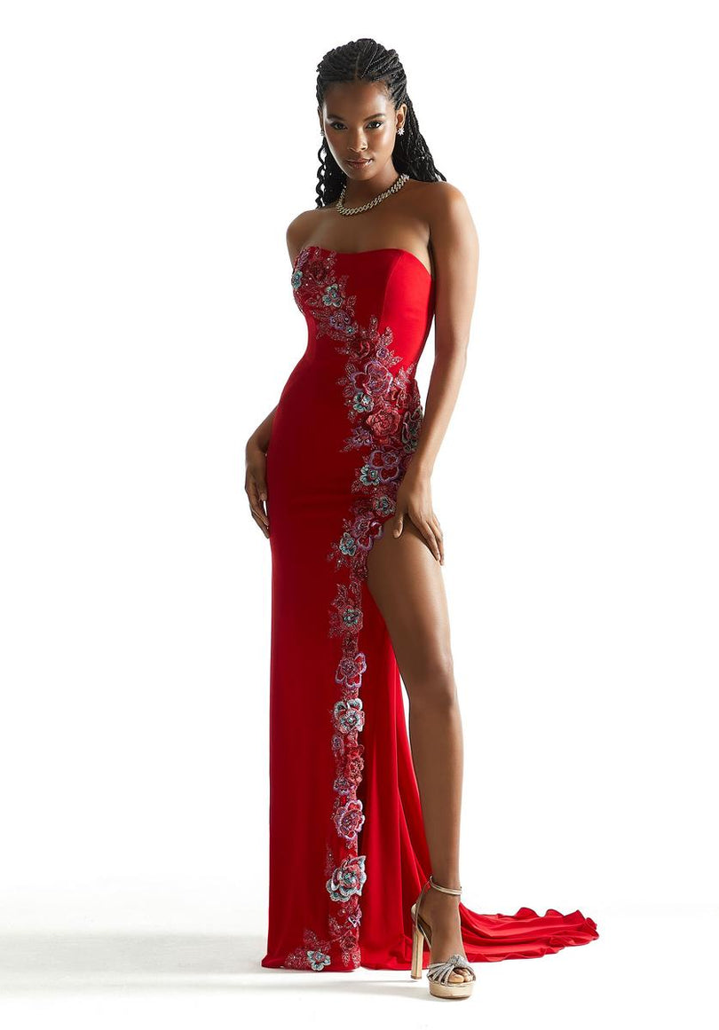 Morilee Strapless 3D Floral High Slit Prom Dress 49009
