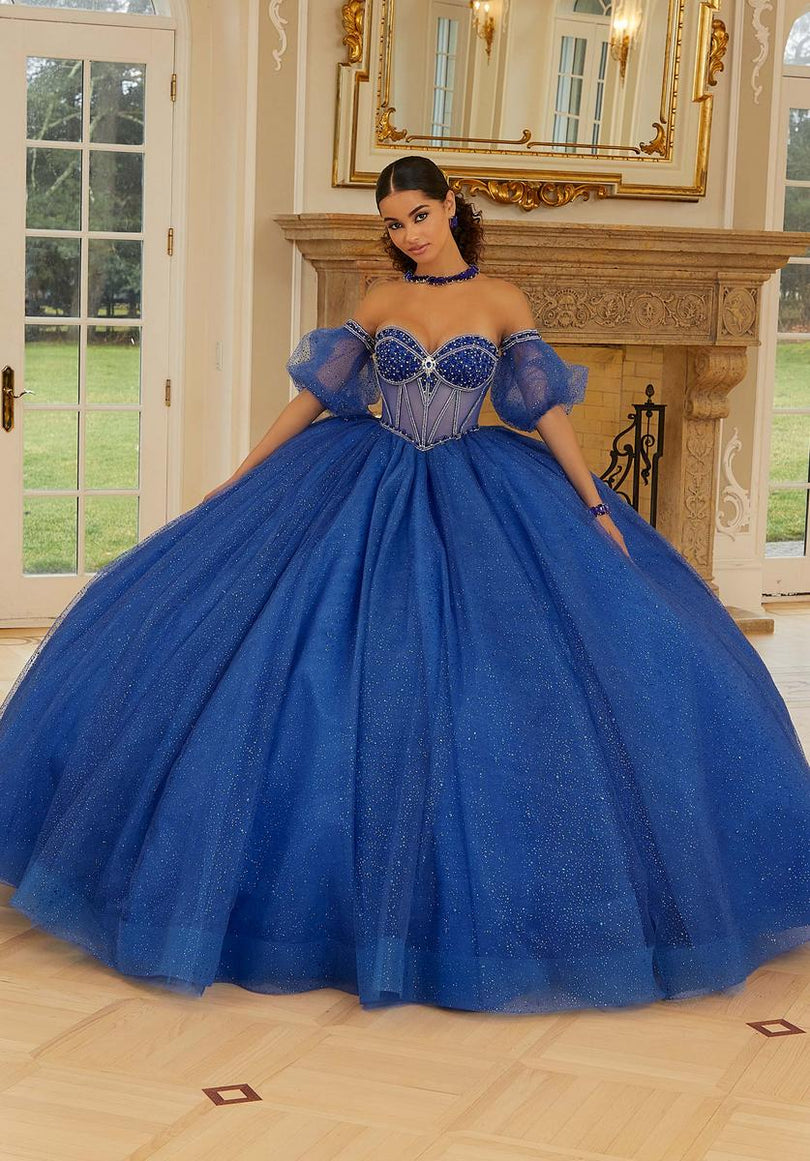 see through corset quince dress Applique Sheer Corset Quinceanera Dress by Fiesta Gowns 56495