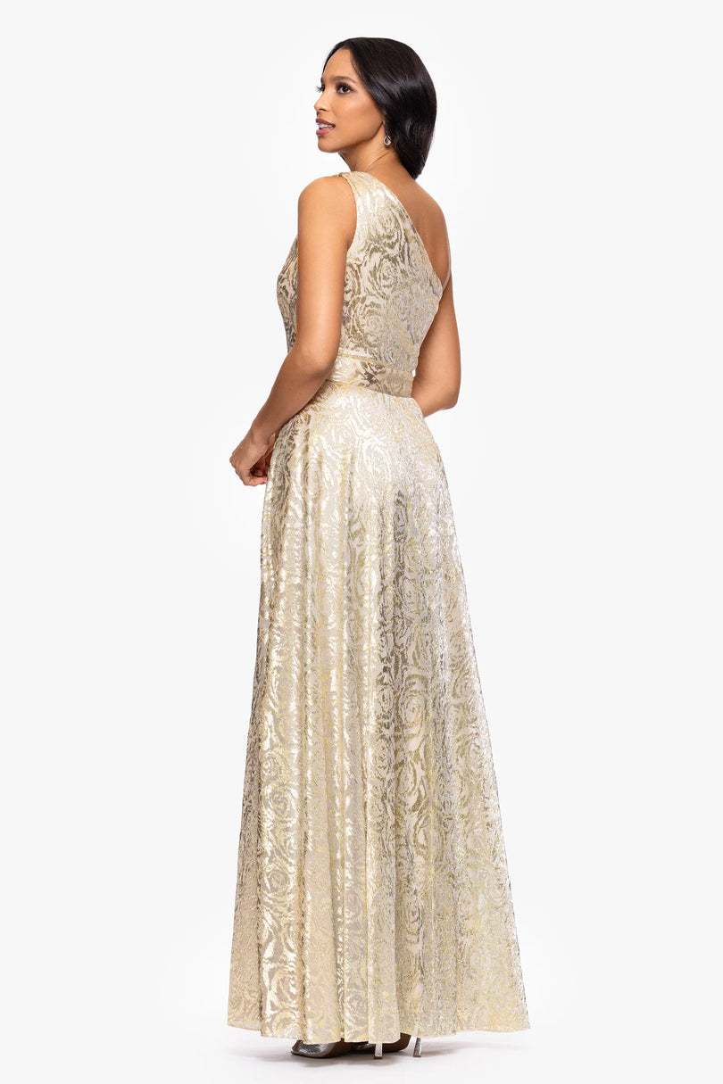 Betsy & Adam Mariah Metallic Foil One Shoulder Dress A27193
