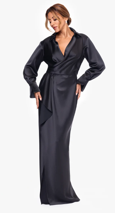 Xscape Long Satin Collared Evening Dress 6648X