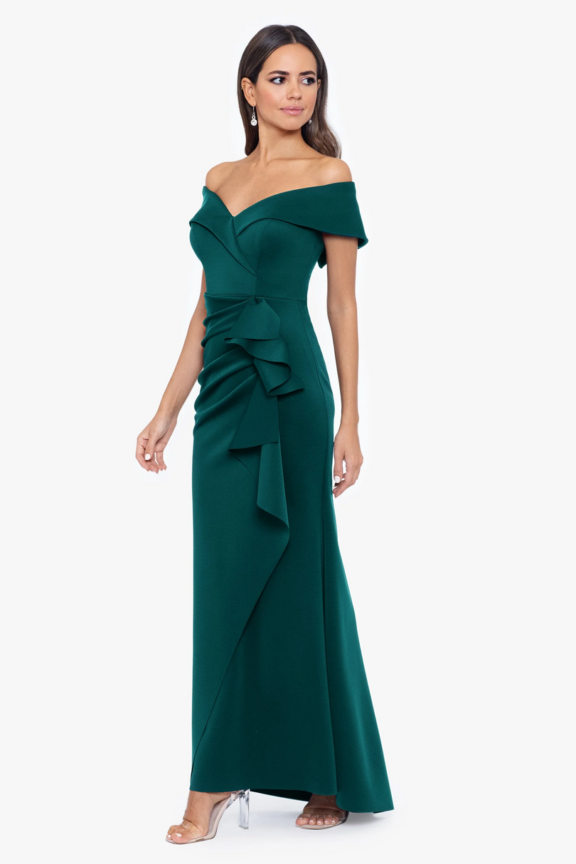 xscape off the shoulder fit and flare dress Xscape Off-the-Shoulder Long Glitter Dress Women's Clothing Sand : 4