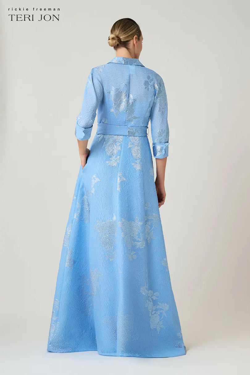 Teri Jon Metallic Jacquard Long Evening Dress 266075
