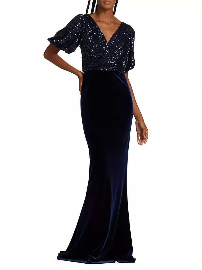 Teri Jon Velvet Sequined Short-Sleeve Gown 227300 Teri Jon Velvet Sequined Short-Sleeve Gown 227300