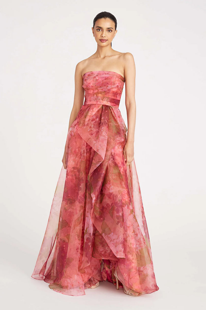 Theia Strapless Floral Evening Gown with Ruffle 8818871