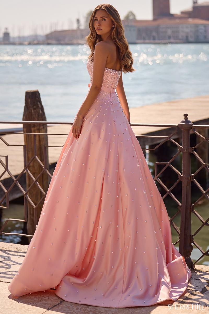 Sherri Hill 57235 - Long Ballgown Dress - Pearl and Bead Embellishment, Bow Thin Waistband, Mid-Open Back, Sweep Train, Strapless 00 / Light Blue Sherri Hill 57235 - Long Ballgown Dress - Pearl and Bead Embellishment, Bow Thin Waistband, Mid-Open Back, Sweep Train, Strapless 00 / Light Blue