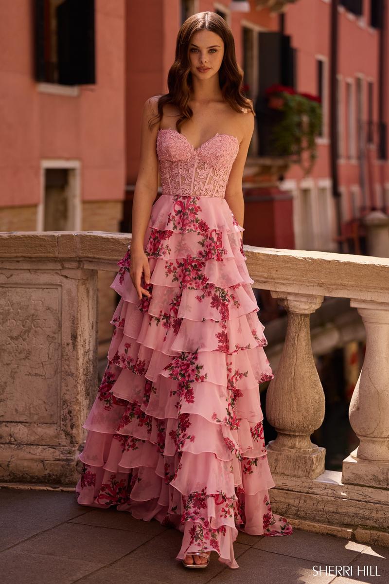 Sherri Hill Lace Corset Floral Prom Dress 57569