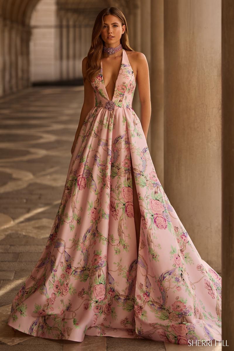 Sherri Hill Plunging Halter Prom Dress 57600 Ivory Print / 0