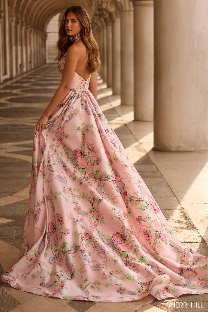Sherri Hill Plunging Halter Prom Dress 57600 Ivory Print / 0