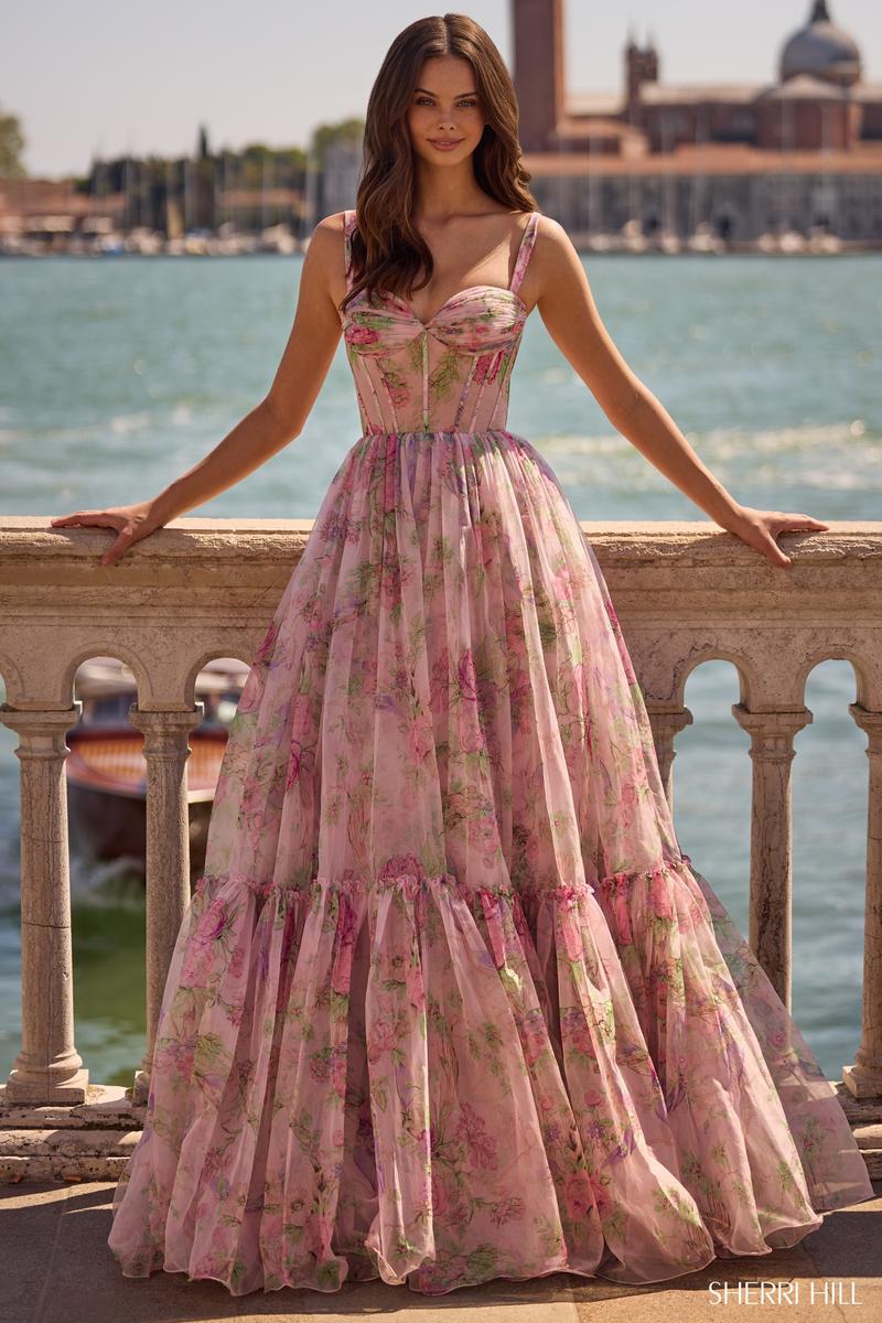 Sherri Hill Illusion Floral Print Prom Dress 57628 Light Pink Print / 00 Sherri Hill Illusion Floral Print Prom Dress 57628 Light Pink Print / 00