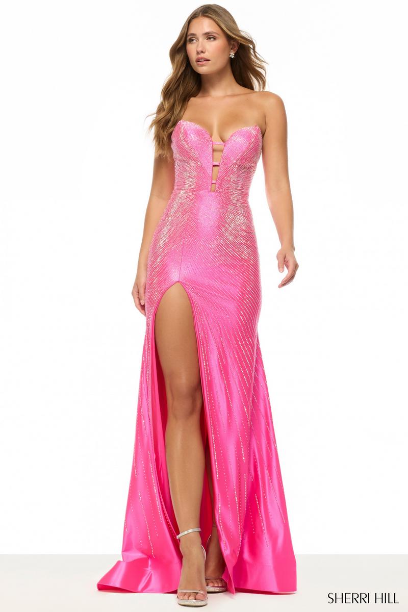 Sherri Hill Plunging Hot Fix Prom Dress 57684 Lilac / 00 Sherri Hill Plunging Hot Fix Prom Dress 57684 Lilac / 00