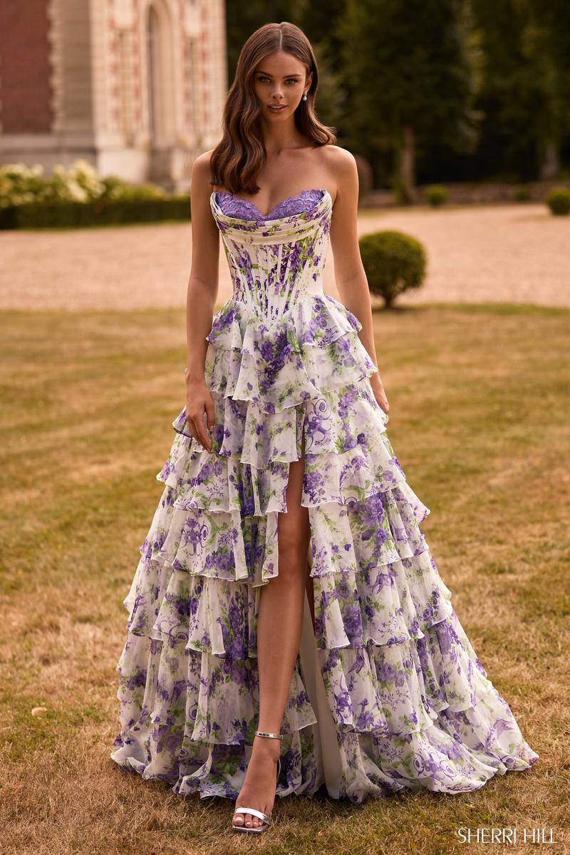 Sherri Hill Purple Print Prom Dress 57692 IVORY/PURPLE GREEN Print / 12 Sherri Hill Purple Print Prom Dress 57692 IVORY/PURPLE GREEN Print / 12