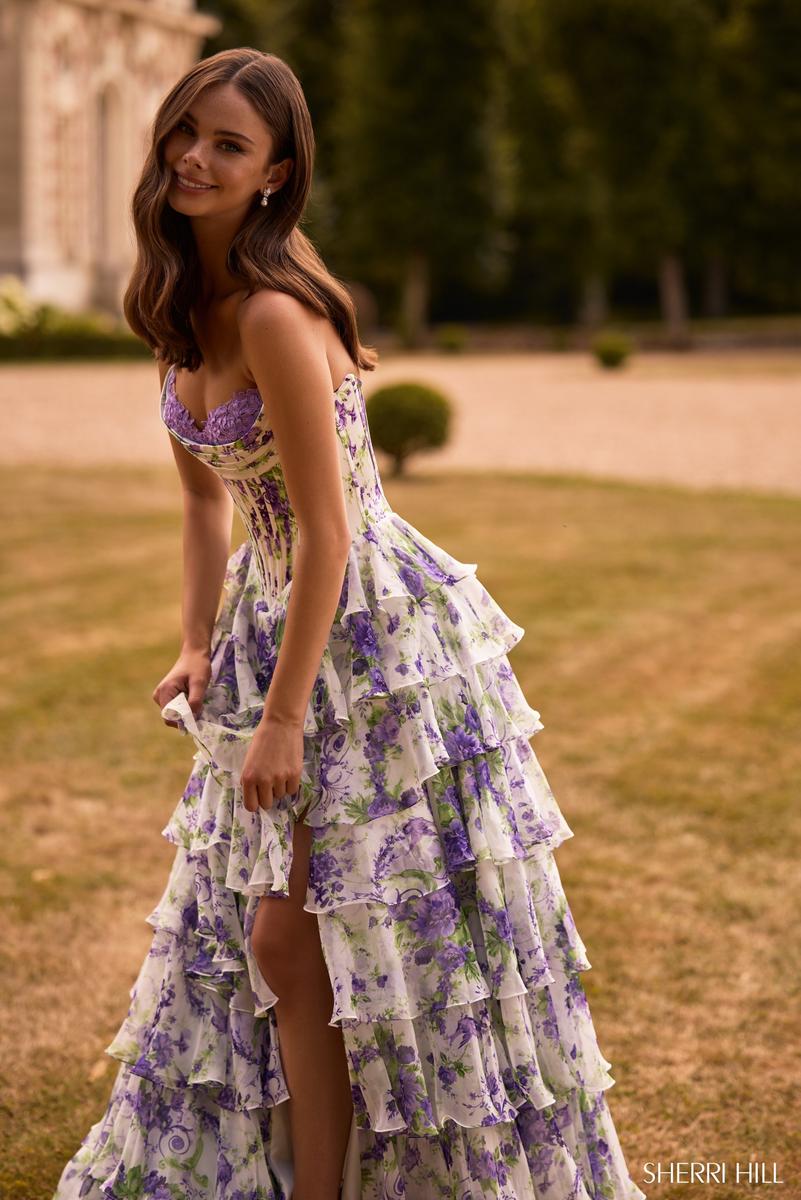 Sherri Hill Purple Print Prom Dress 57692 IVORY/PURPLE GREEN Print / 12 Sherri Hill Purple Print Prom Dress 57692 IVORY/PURPLE GREEN Print / 12