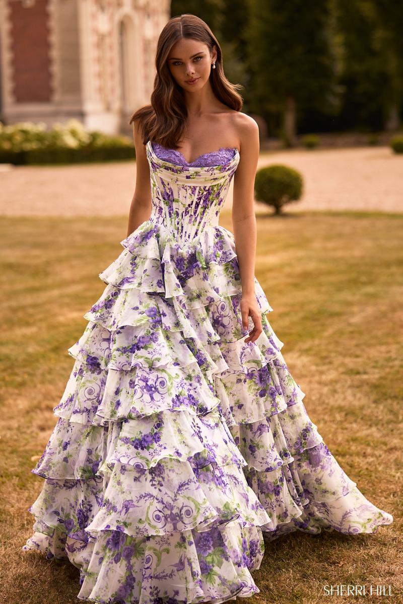 Sherri Hill Purple Print Prom Dress 57692 IVORY/PURPLE GREEN Print / 12 Sherri Hill Purple Print Prom Dress 57692 IVORY/PURPLE GREEN Print / 12