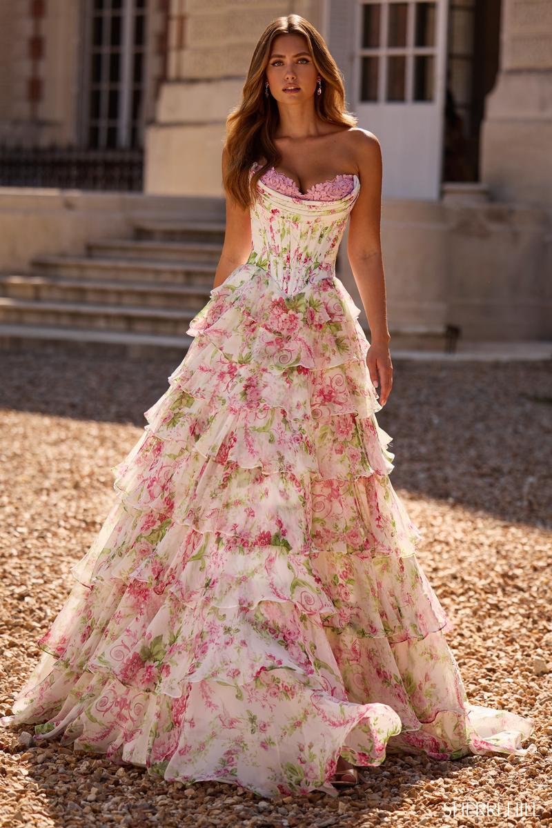 Sherri Hill Floral Print Ruffle Prom Dress 57693 Ivory/Pink/Green Print / 12 Sherri Hill Floral Print Ruffle Prom Dress 57693 Ivory/Pink/Green Print / 12