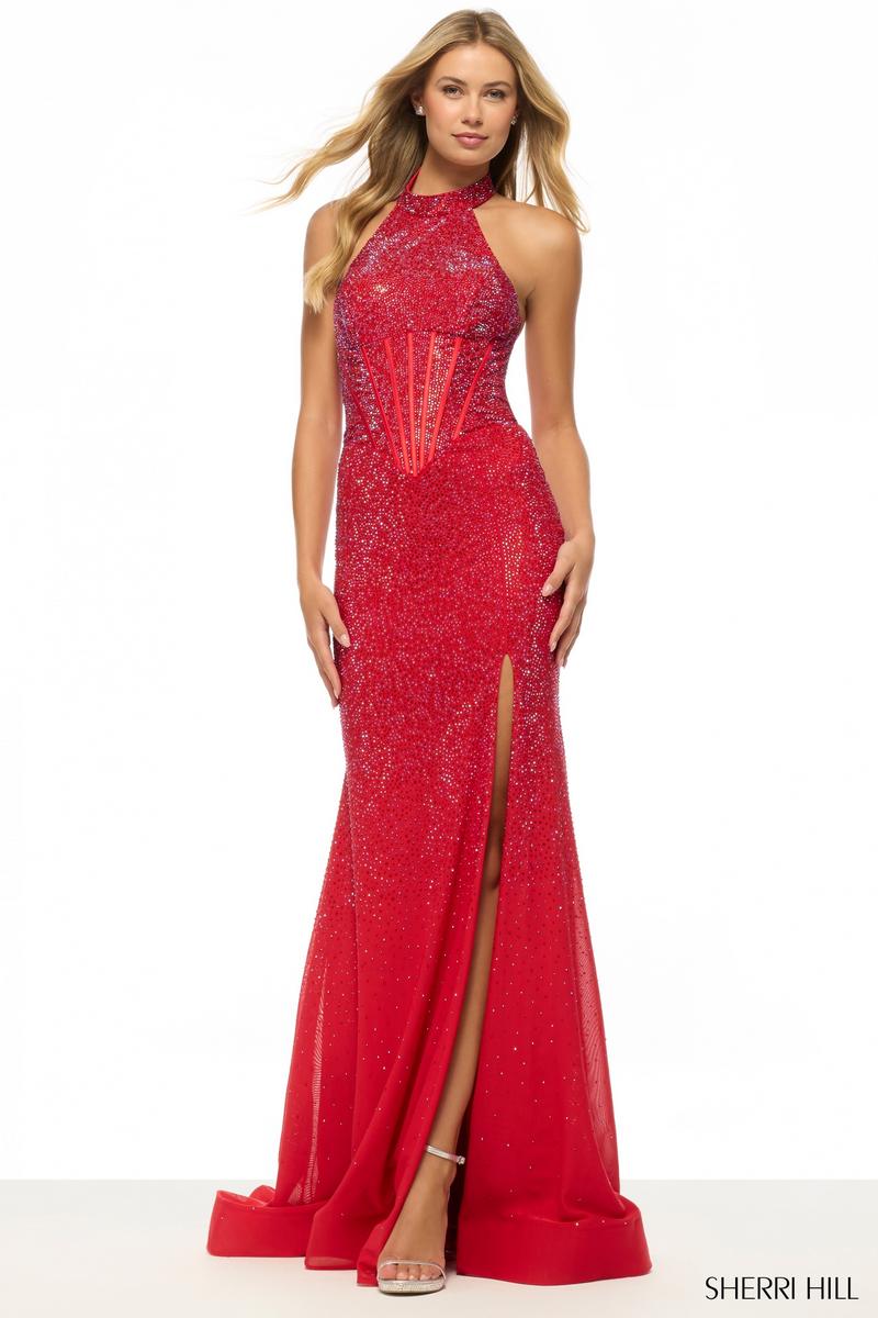 red high neckline prom dress High Neck Beading Long Red Prom Dress with Short Sleeves