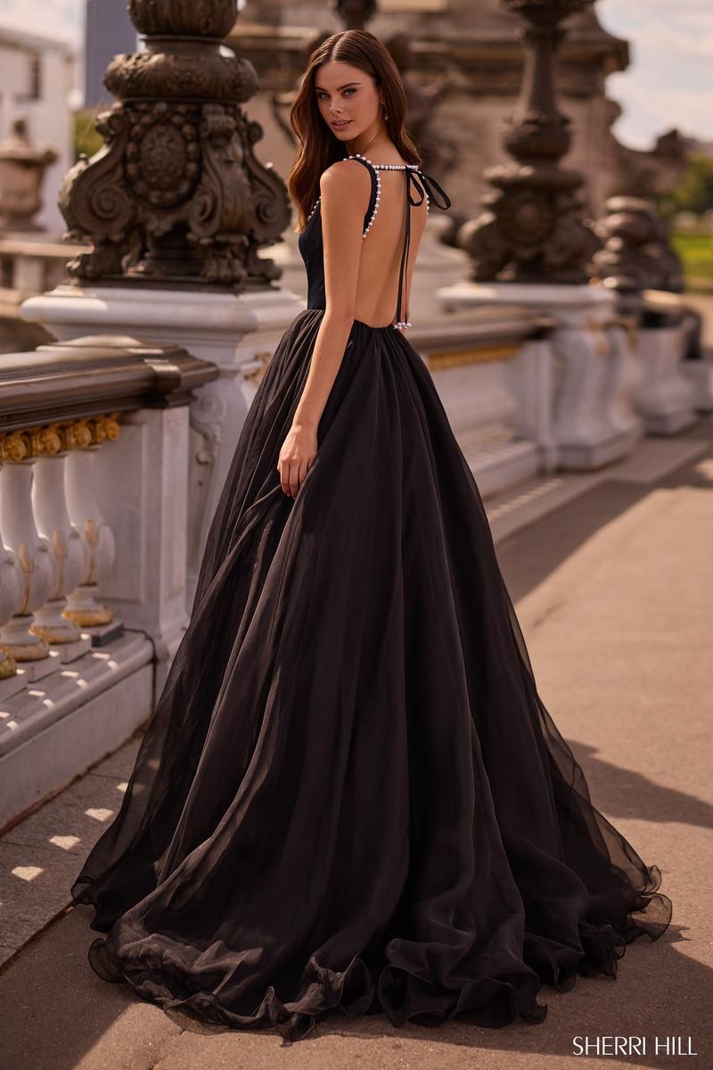 Sherri Hill Pearl Accent Open Back Prom Dress 57713 Black / 4 Sherri Hill Pearl Accent Open Back Prom Dress 57713 Black / 4