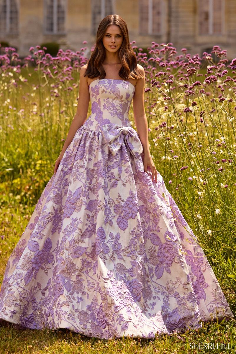 Sherri Hill Drop Waist Brocade Prom Dress 57730 Ivory/Lilac / 4 Sherri Hill Drop Waist Brocade Prom Dress 57730 Ivory/Lilac / 4