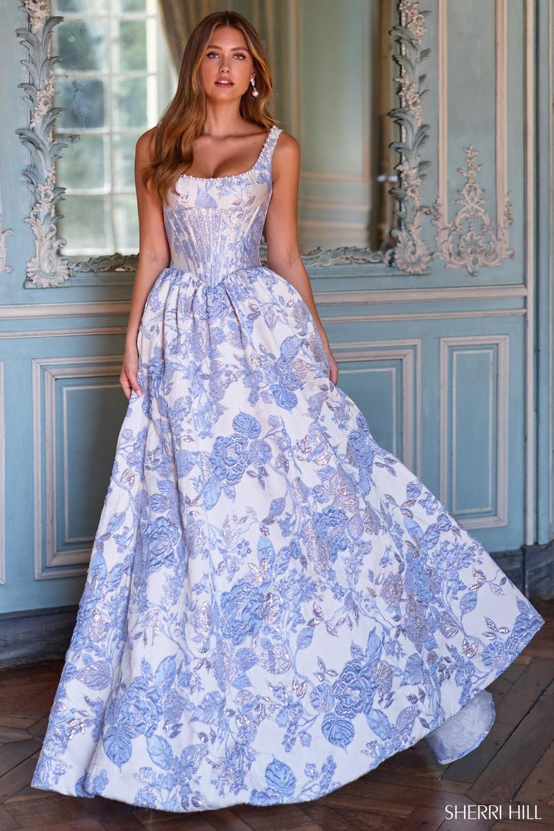 Sherri Hill Basque Waist Brocade Prom Dress 57731 Ivory/Light Blue / 00 Sherri Hill Basque Waist Brocade Prom Dress 57731 Ivory/Light Blue / 00