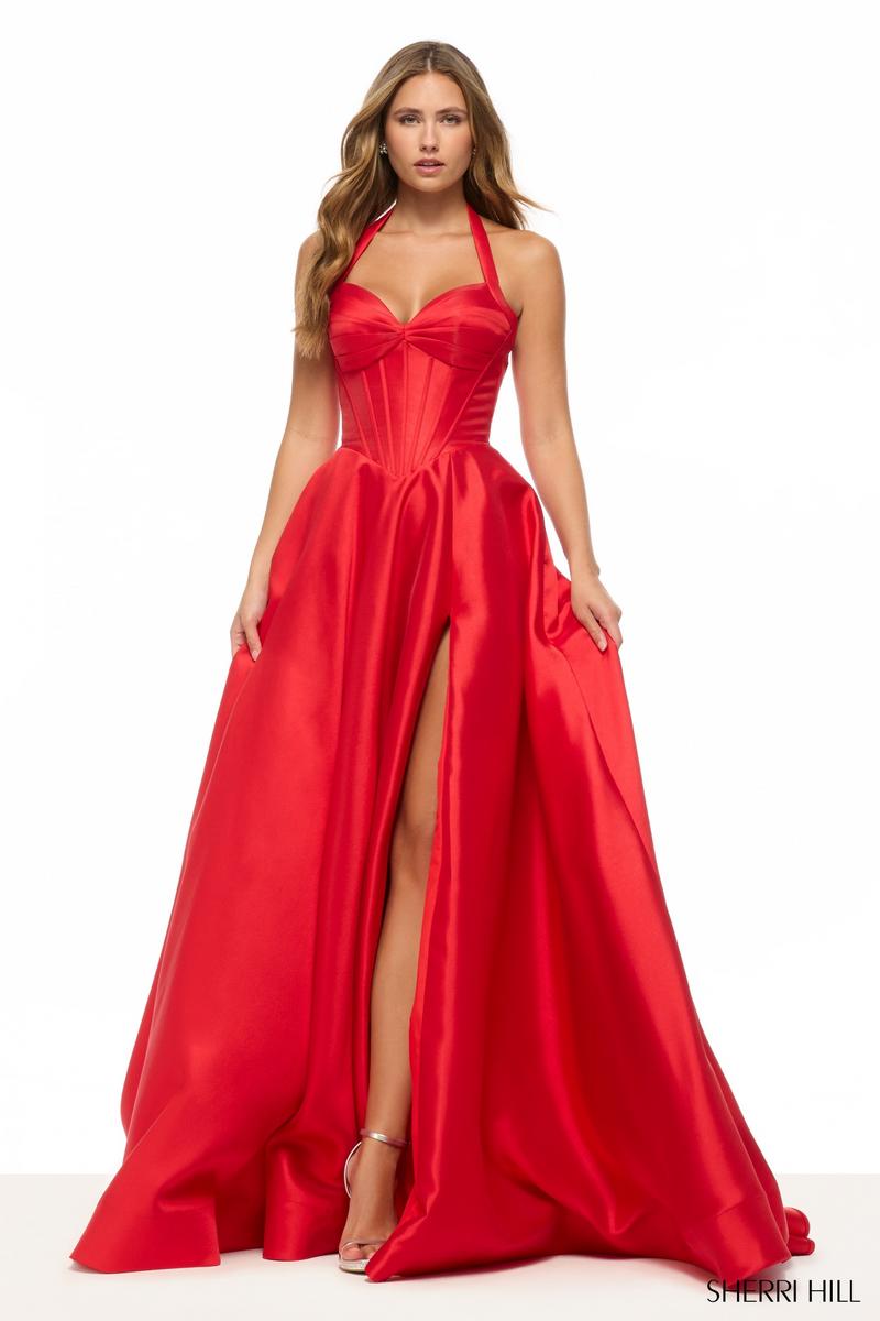 Sherri Hill Halter Mikado Corset Prom Dress 57737 Yellow / 14 Sherri Hill Halter Mikado Corset Prom Dress 57737 Yellow / 14
