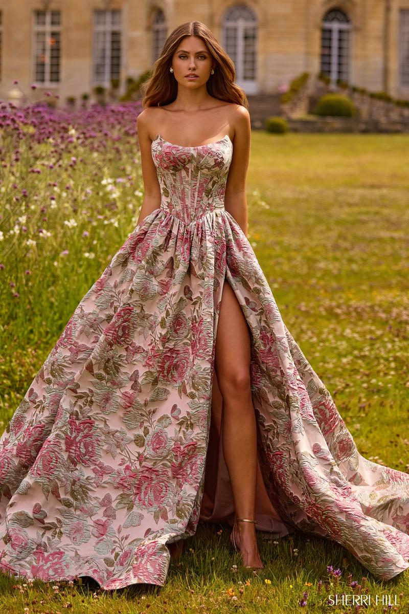 Sherri Hill Strapless Brocade Prom Dress 57757 Nude/Multi / 16 Sherri Hill Strapless Brocade Prom Dress 57757 Nude/Multi / 16