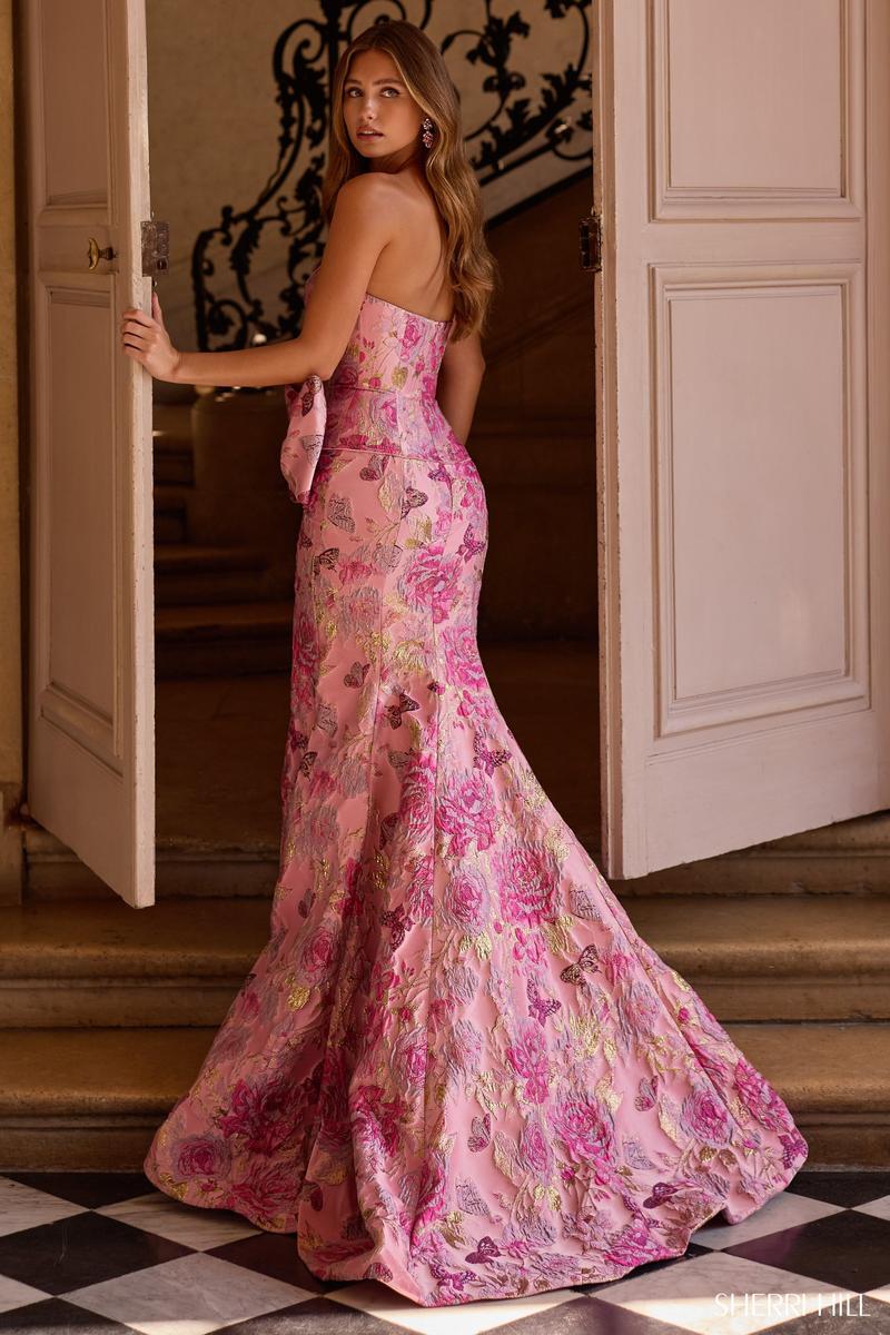 Sherri Hill Bow Brocade Prom Dress 57762 rose/gold print / 00 Sherri Hill Bow Brocade Prom Dress 57762 rose/gold print / 00