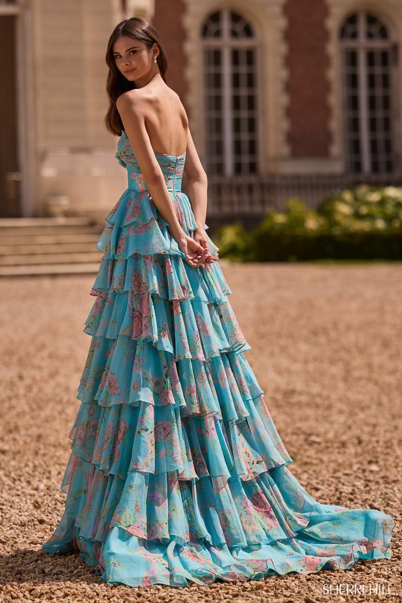 love shack fancy prom dress Sherri Hill Strapless Ruffle Print Prom Dress 57775 Aqua Print / 4
