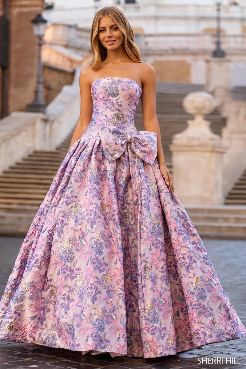 Sherri Hill Drop Waist Bow Prom Dress 57781 Black Print / 4 Sherri Hill Drop Waist Bow Prom Dress 57781 Black Print / 4