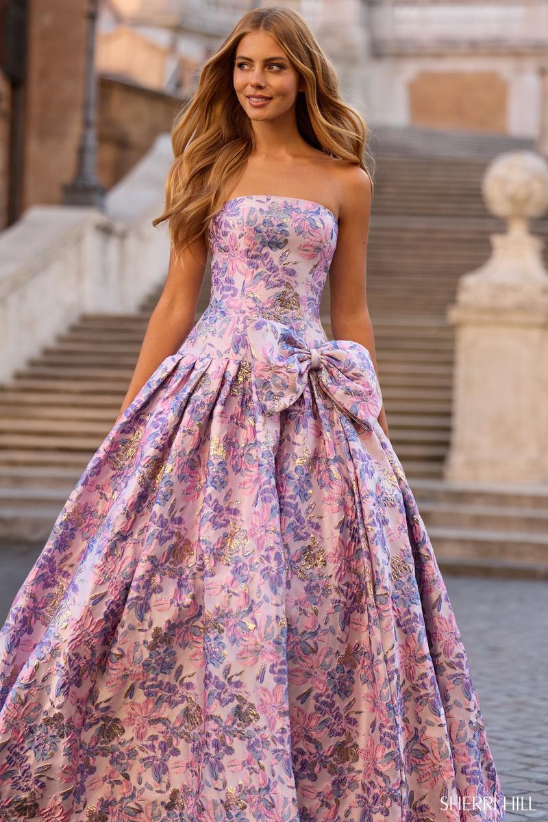 Sherri Hill Drop Waist Bow Prom Dress 57781 Black Print / 4 Sherri Hill Drop Waist Bow Prom Dress 57781 Black Print / 4