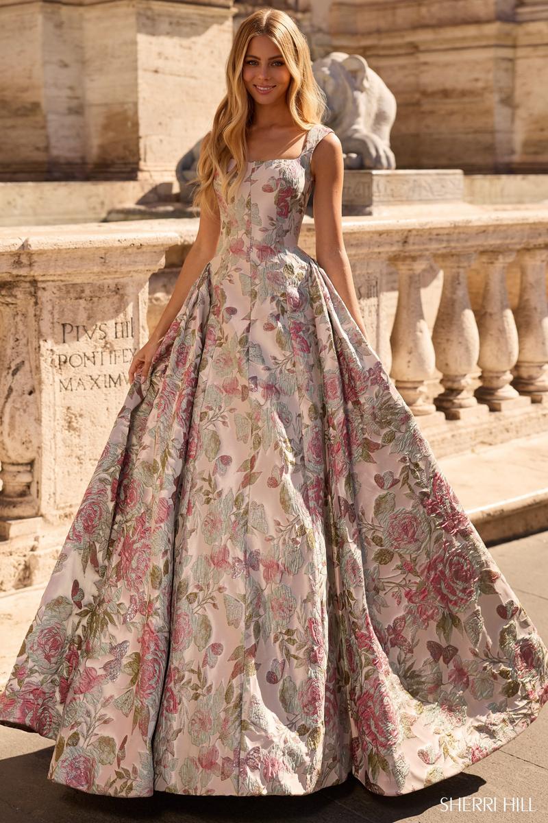 Sherri Hill Modest Brocade Ball Gown Dress 57812 rose/gold print / 14 Sherri Hill Modest Brocade Ball Gown Dress 57812 rose/gold print / 14