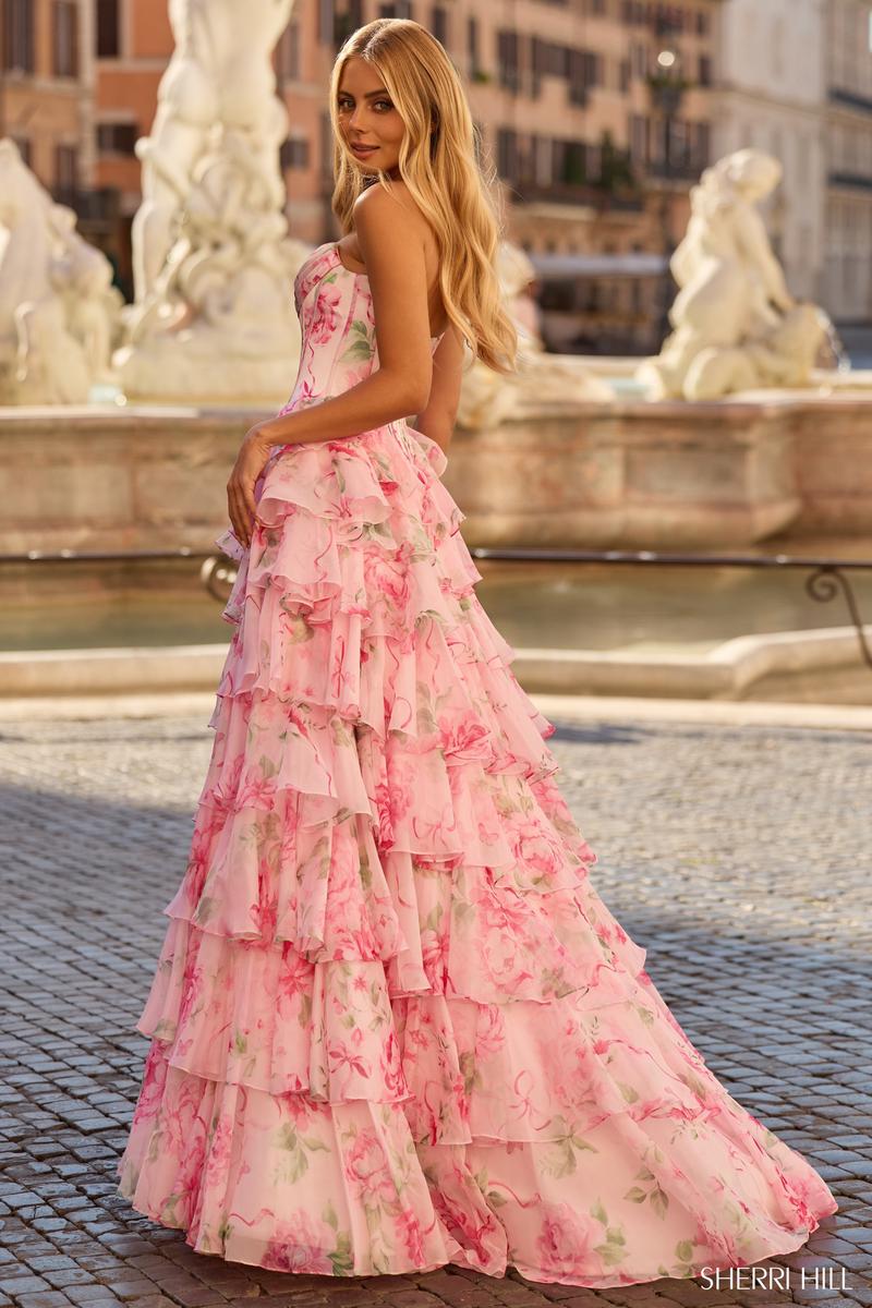 Sherri Hill Strapless Floral Corset Prom Dress 57820 Pink Print / 0 Sherri Hill Strapless Floral Corset Prom Dress 57820 Pink Print / 0