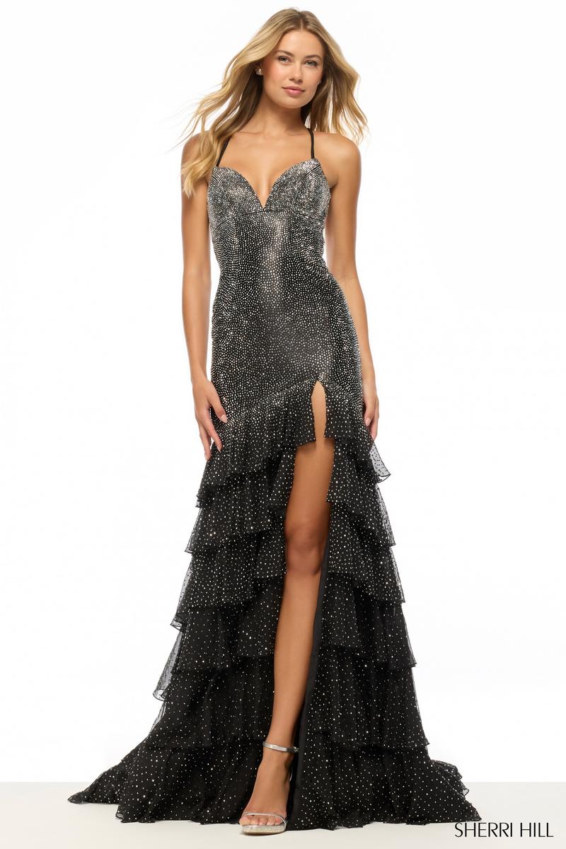 black with silver prom dresses Sherri Hill Ruffle Chiffon Hot Fix Prom Dress 57832 Black/Silver / 0