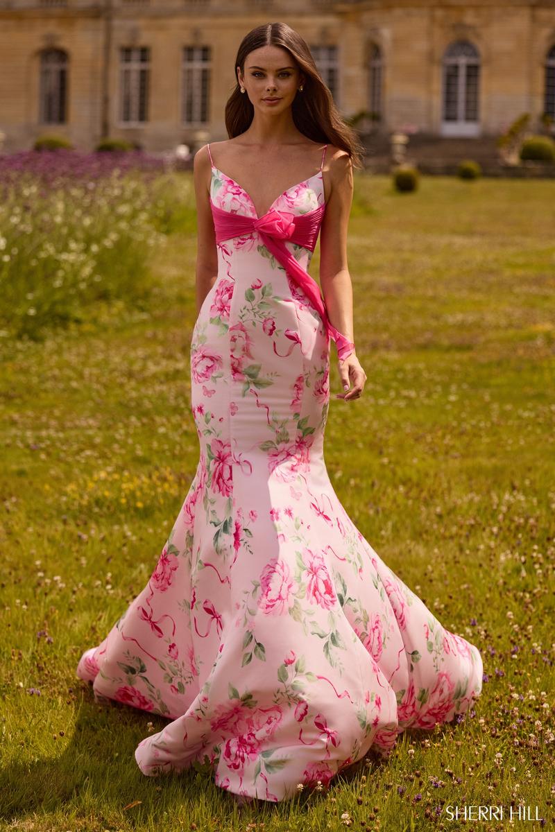 Sherri Hill Floral Print Mermaid Prom Dress 57834 Pink Print / 000 Sherri Hill Floral Print Mermaid Prom Dress 57834 Pink Print / 000