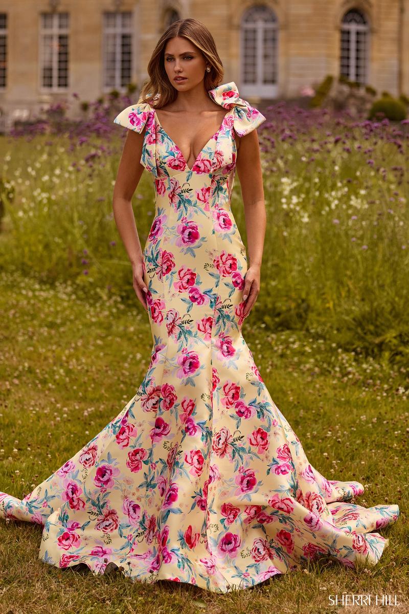 Sherri Hill Bow Mermaid Floral Prom Dress 57848
