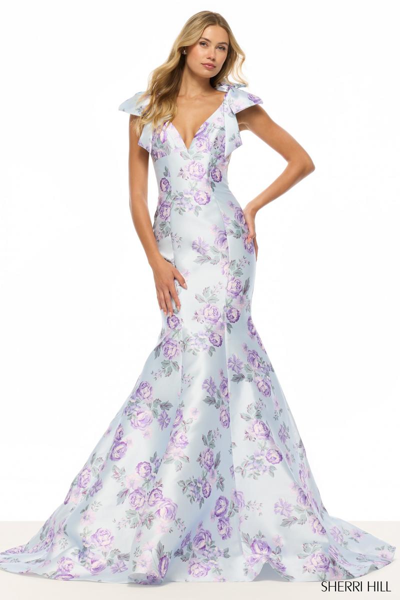 Sherri Hill Cap Sleeve Floral Print Dress 57854 light blue/lilac Print / 00 Sherri Hill Cap Sleeve Floral Print Dress 57854 light blue/lilac Print / 00