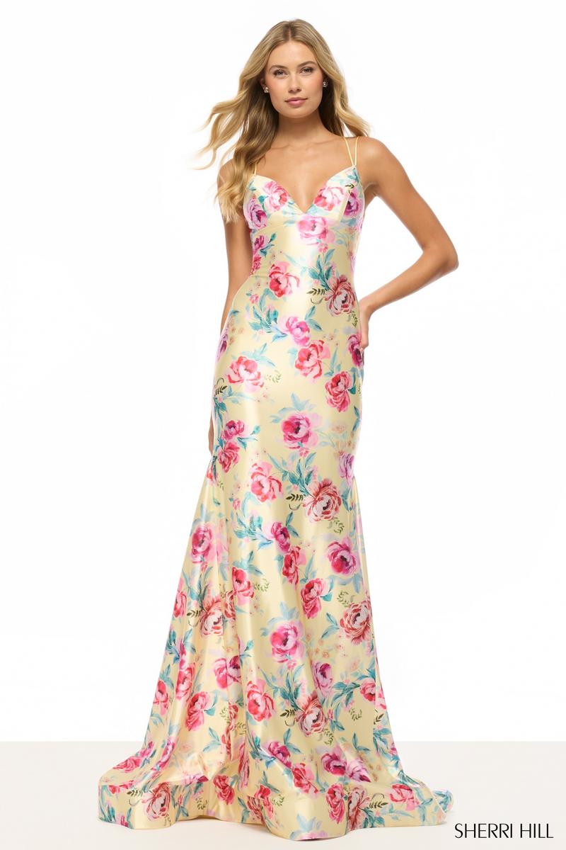 Sherri Hill Satin Floral Print Long Prom Dress 57859