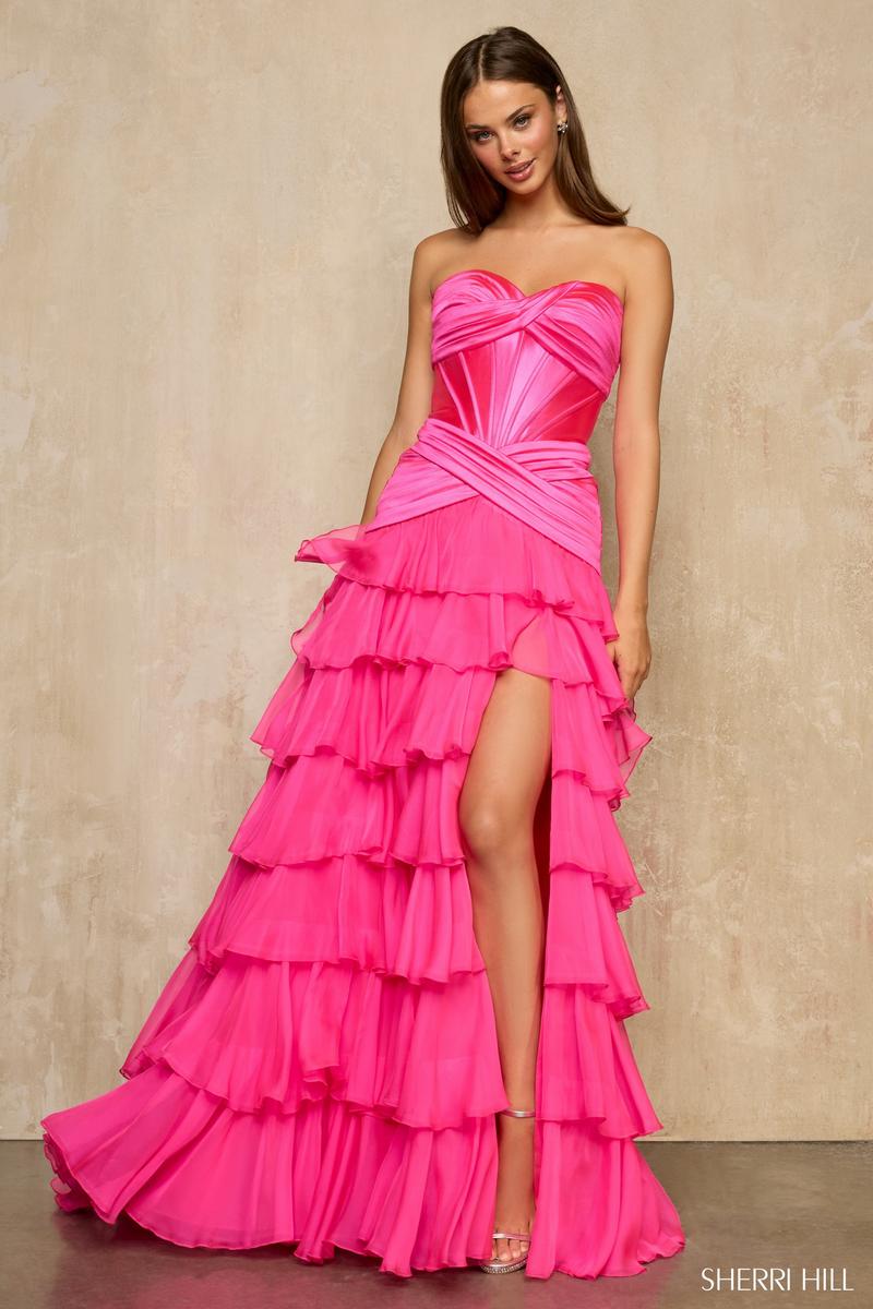 Sherri Hill Satin Corset Chiffon Prom Dress 57873