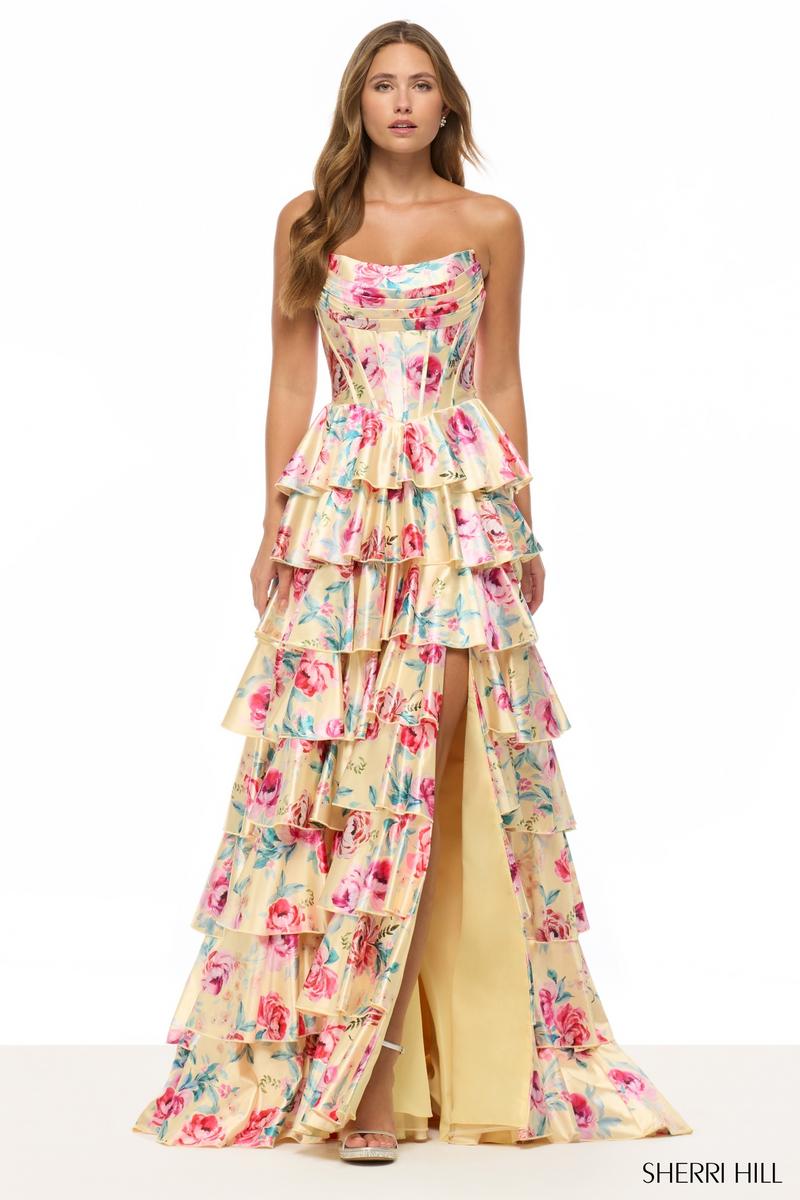 Sherri Hill Floral Print Corset Prom Dress 57875