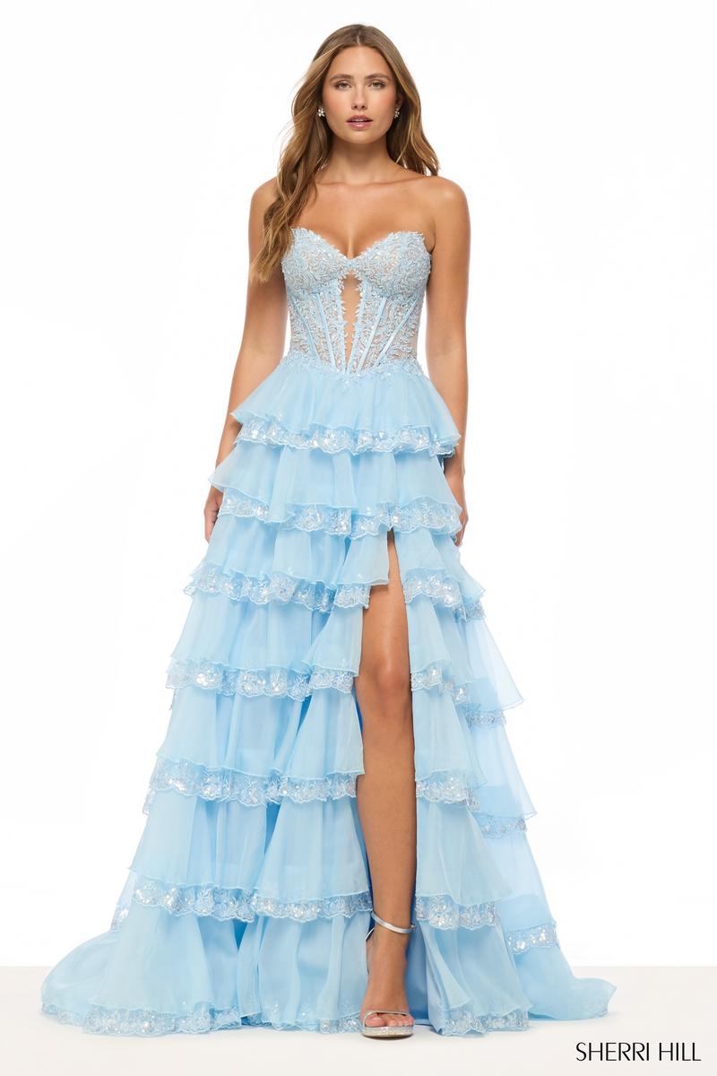 Sherri Hill Tiered Ruffle Lace Corset Prom Dress 57885