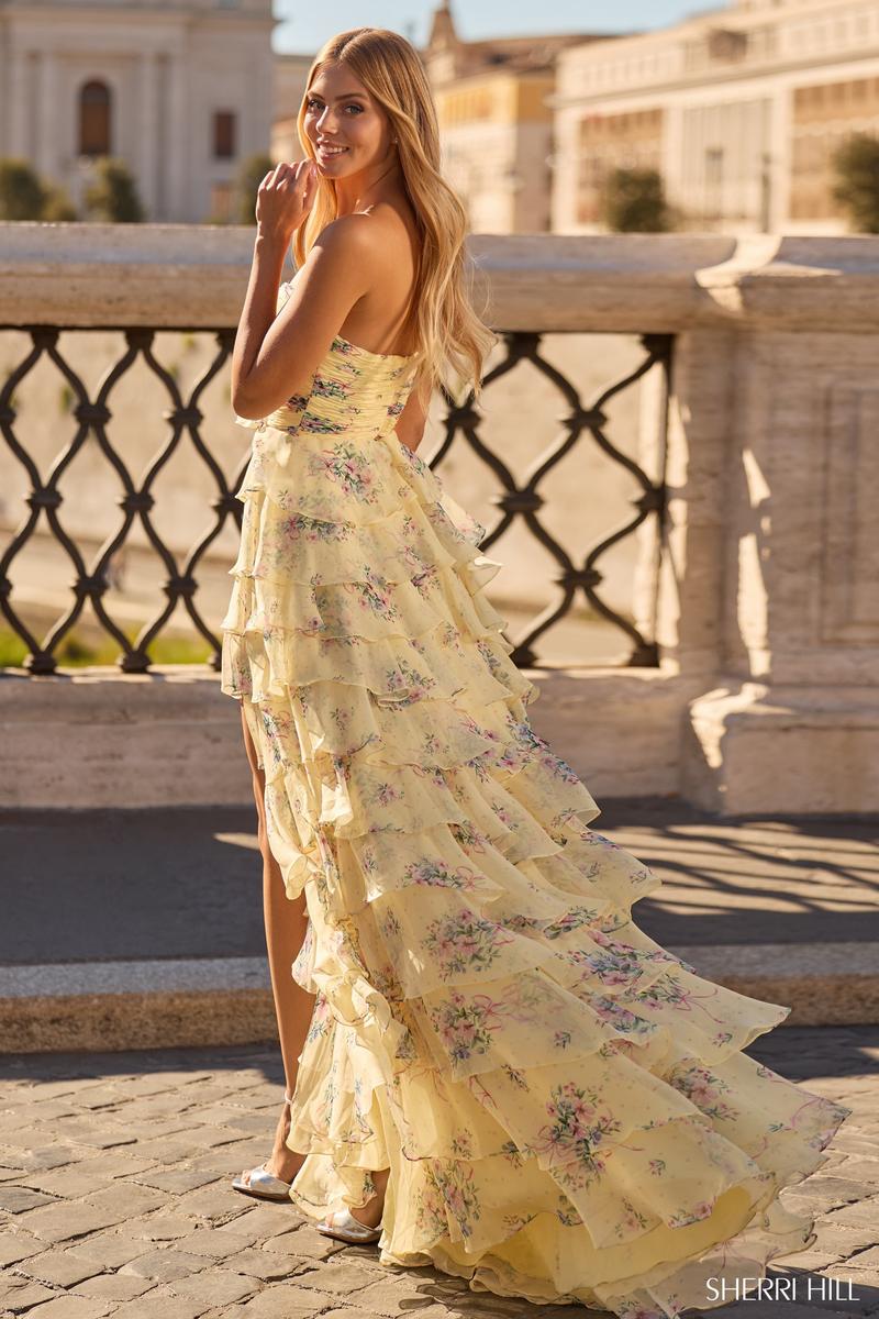 Sherri Hill Strapless Print Ruffle Prom Dress 57907