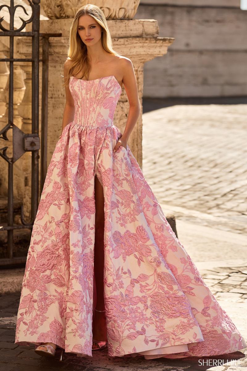 Sherri Hill Strapless Corset Brocade Prom Dress 57912 Pink / 12