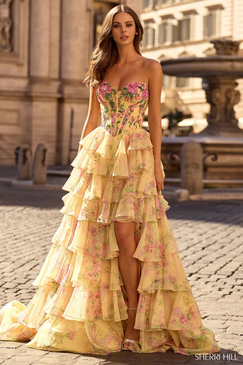 Sherri Hill Strapless Floral Corset Prom Dress 58000
