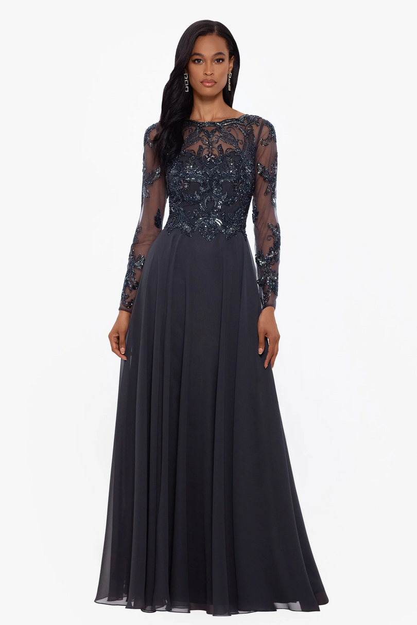 Xscape Evenings Mason Long Sleeve Beaded Chiffon Dress 3174X Xscape Evenings Mason Long Sleeve Beaded Chiffon Dress 3174X