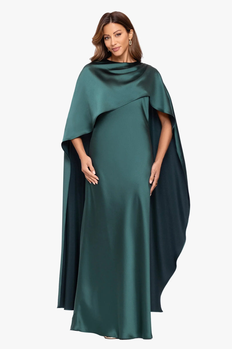 Xscape Evenings "Tallulah" Satin Overlay Cape Dress 7450X
